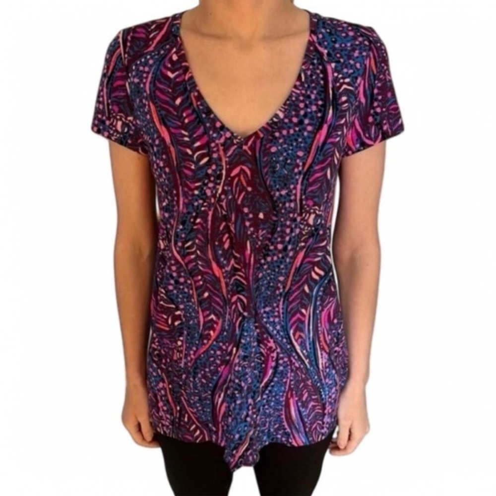 Lilly Pulitzer Etta V- Neck Blue Flare Always Pawsitive top, size XXS.
